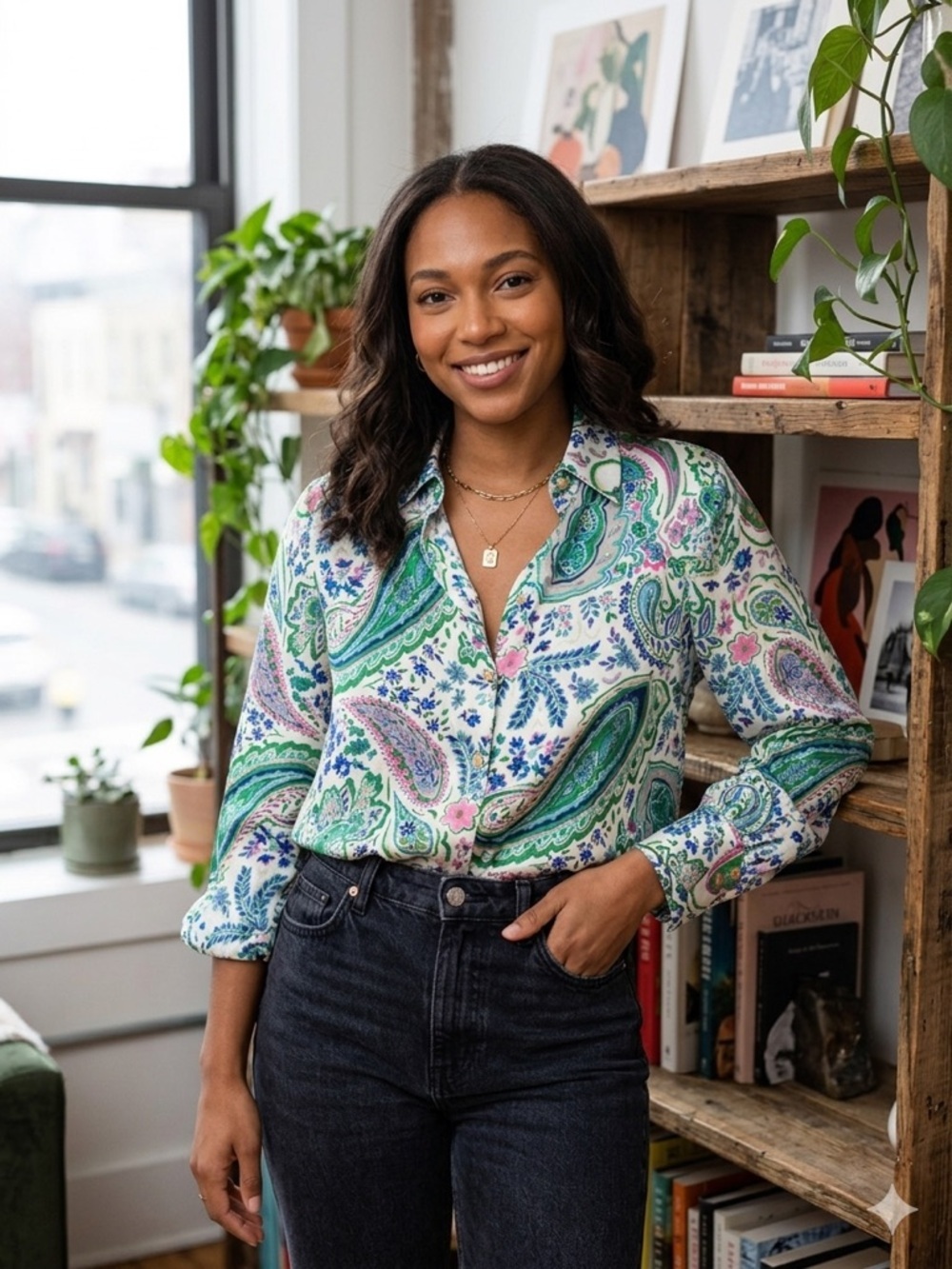 Zara Paisley Button-Down Shirt - Green, Blue, Pink